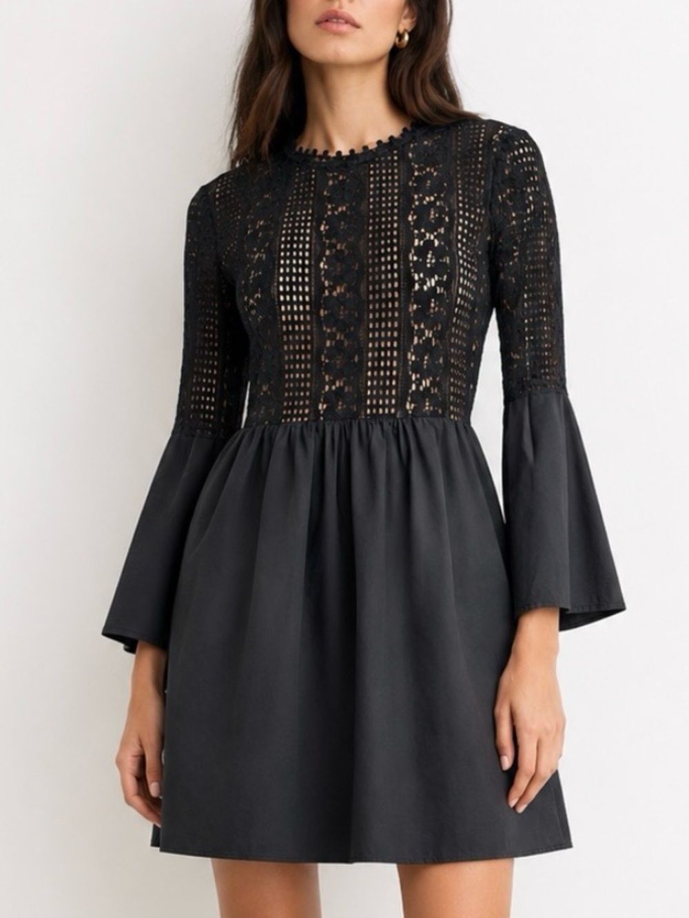 ANTHROPOLOGIE HD in Paris Black Lace Bodice Bell-Sleeve Mini Dress Size Small